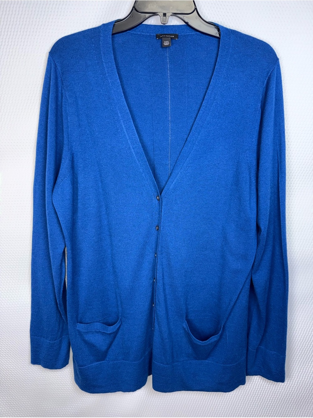 Ann Taylor XXL Blue Button Front Longline Cardigan Sweater Pockets V-Neck